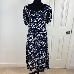 Petal & Pup Franklin Navy White Speckle Print Midi Dress Puff Sleeve Slit NWT